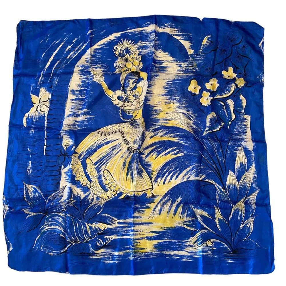 Vintage Pure Silk Scarf Carmen Miranda Dancing Woman‎ Fruit Blue Yellow Rolled